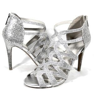 Aldo Silver Sparkly Yellot Strappy Open Toe High Heel Stilettos👠, Size 5.5